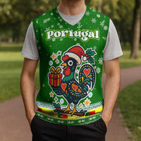 Portugal Christmas Knitted V-Neck Vest with Green Galo de Barcelos Rooster Santa Hat and Gift - Wonder Print Shop