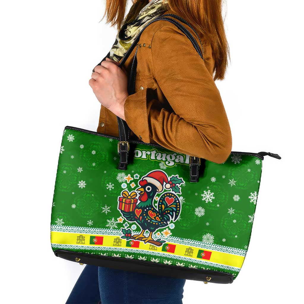 Portugal Christmas Leather Tote Bag with Green Galo de Barcelos Rooster Santa Hat and Gift - Wonder Print Shop