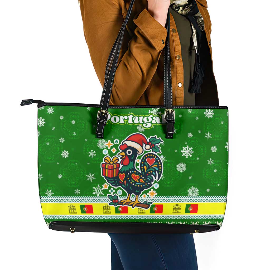 Portugal Christmas Leather Tote Bag with Green Galo de Barcelos Rooster Santa Hat and Gift - Wonder Print Shop
