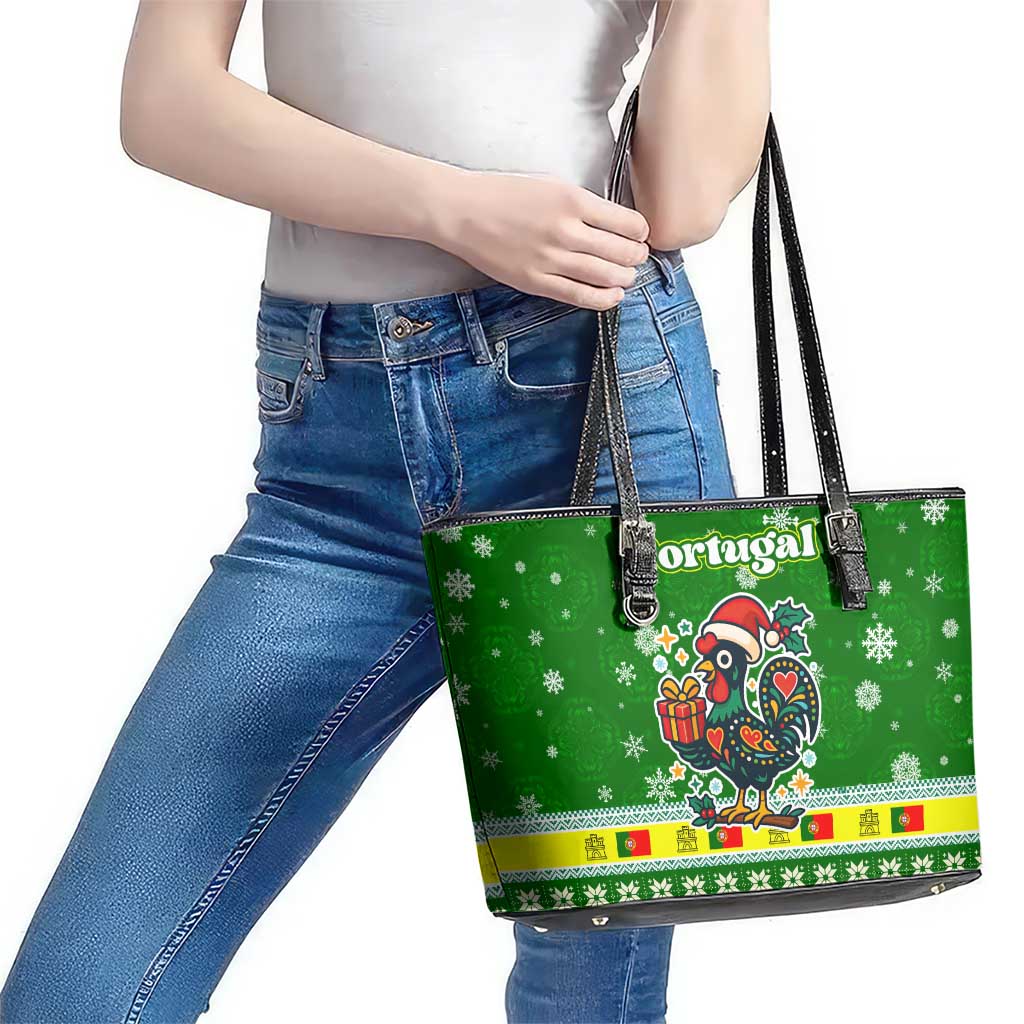 Portugal Christmas Leather Tote Bag with Green Galo de Barcelos Rooster Santa Hat and Gift - Wonder Print Shop