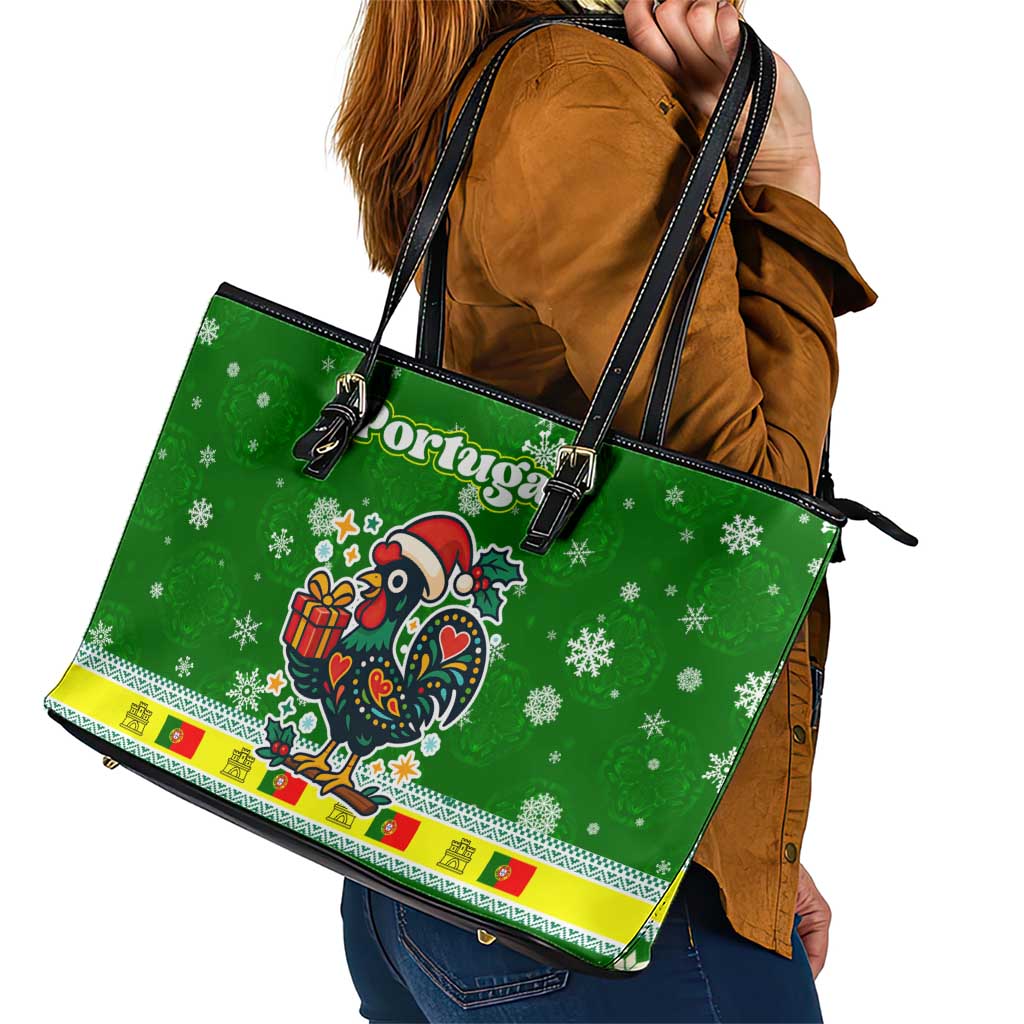 Portugal Christmas Leather Tote Bag with Green Galo de Barcelos Rooster Santa Hat and Gift - Wonder Print Shop