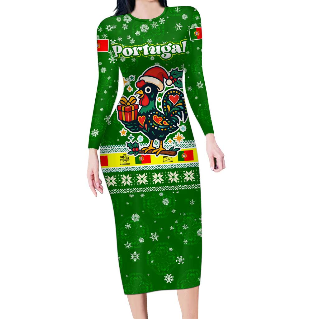 Portugal Christmas Long Sleeve Bodycon Dress with Green Galo de Barcelos Rooster Santa Hat and Gift - Wonder Print Shop