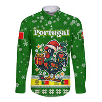 Portugal Christmas Long Sleeve Button Shirt with Green Galo de Barcelos Rooster Santa Hat and Gift - Wonder Print Shop