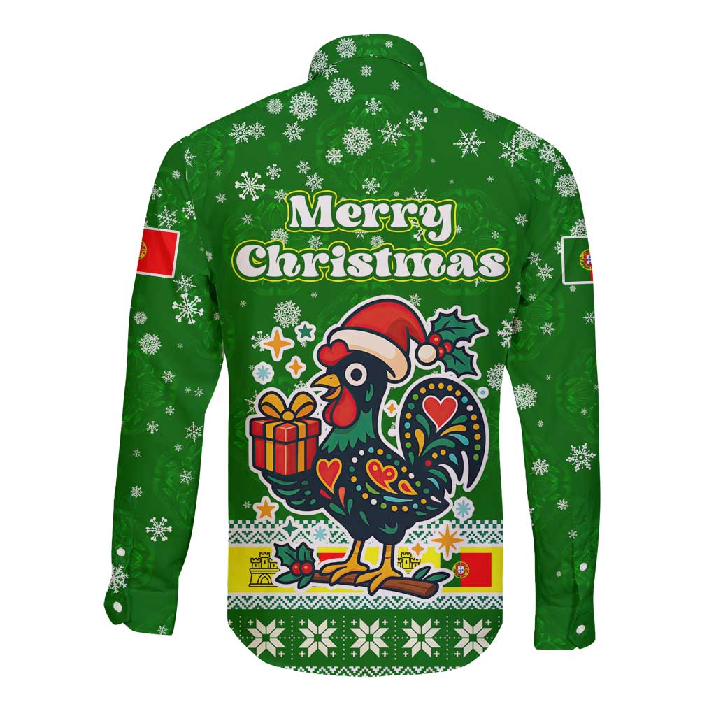 Portugal Christmas Long Sleeve Button Shirt with Green Galo de Barcelos Rooster Santa Hat and Gift - Wonder Print Shop
