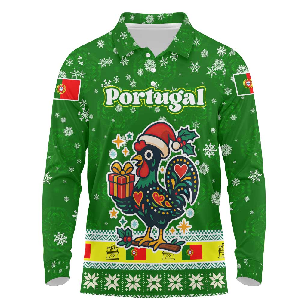 Portugal Christmas Long Sleeve Polo Shirt with Green Galo de Barcelos Rooster Santa Hat and Gift - Wonder Print Shop