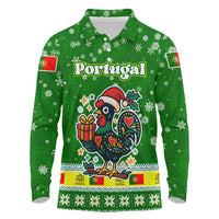 Portugal Christmas Long Sleeve Polo Shirt with Green Galo de Barcelos Rooster Santa Hat and Gift - Wonder Print Shop