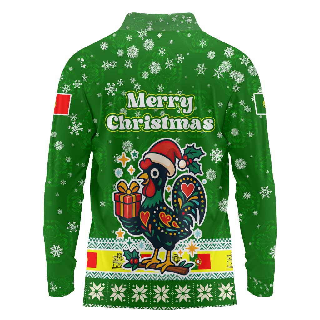 Portugal Christmas Long Sleeve Polo Shirt with Green Galo de Barcelos Rooster Santa Hat and Gift - Wonder Print Shop