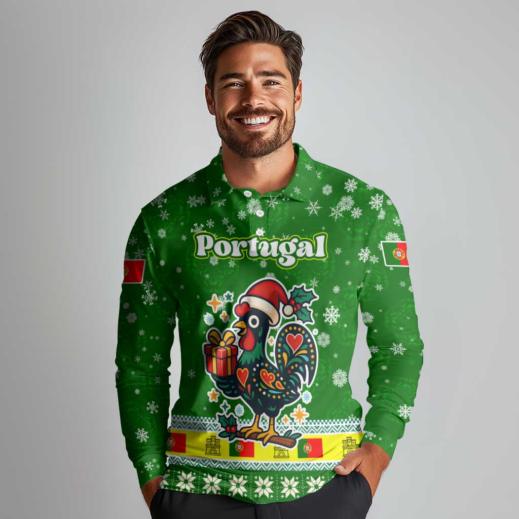 Portugal Christmas Long Sleeve Polo Shirt with Green Galo de Barcelos Rooster Santa Hat and Gift - Wonder Print Shop