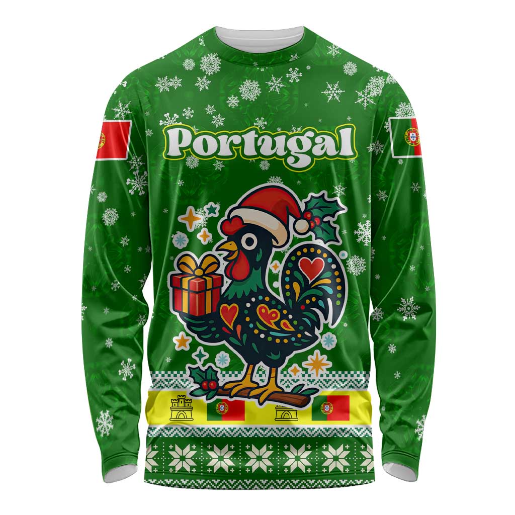 Portugal Christmas Long Sleeve Shirt with Green Galo de Barcelos Rooster Santa Hat and Gift - Wonder Print Shop