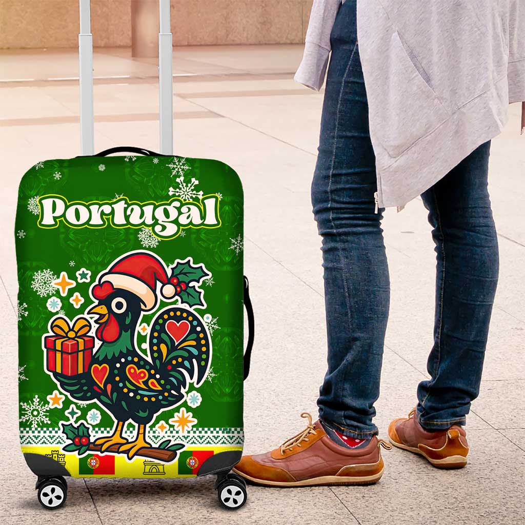 Portugal Christmas Luggage Cover with Green Galo de Barcelos Rooster Santa Hat and Gift - Wonder Print Shop