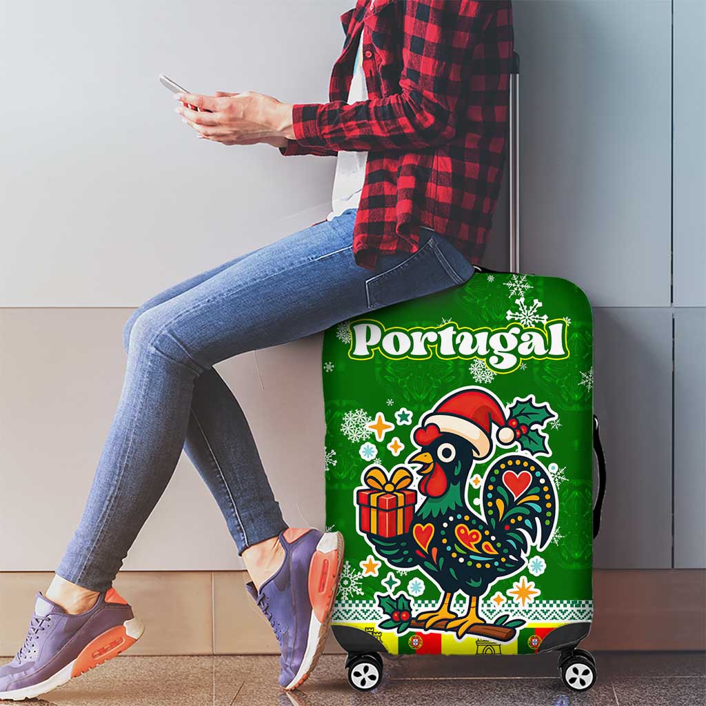 Portugal Christmas Luggage Cover with Green Galo de Barcelos Rooster Santa Hat and Gift - Wonder Print Shop