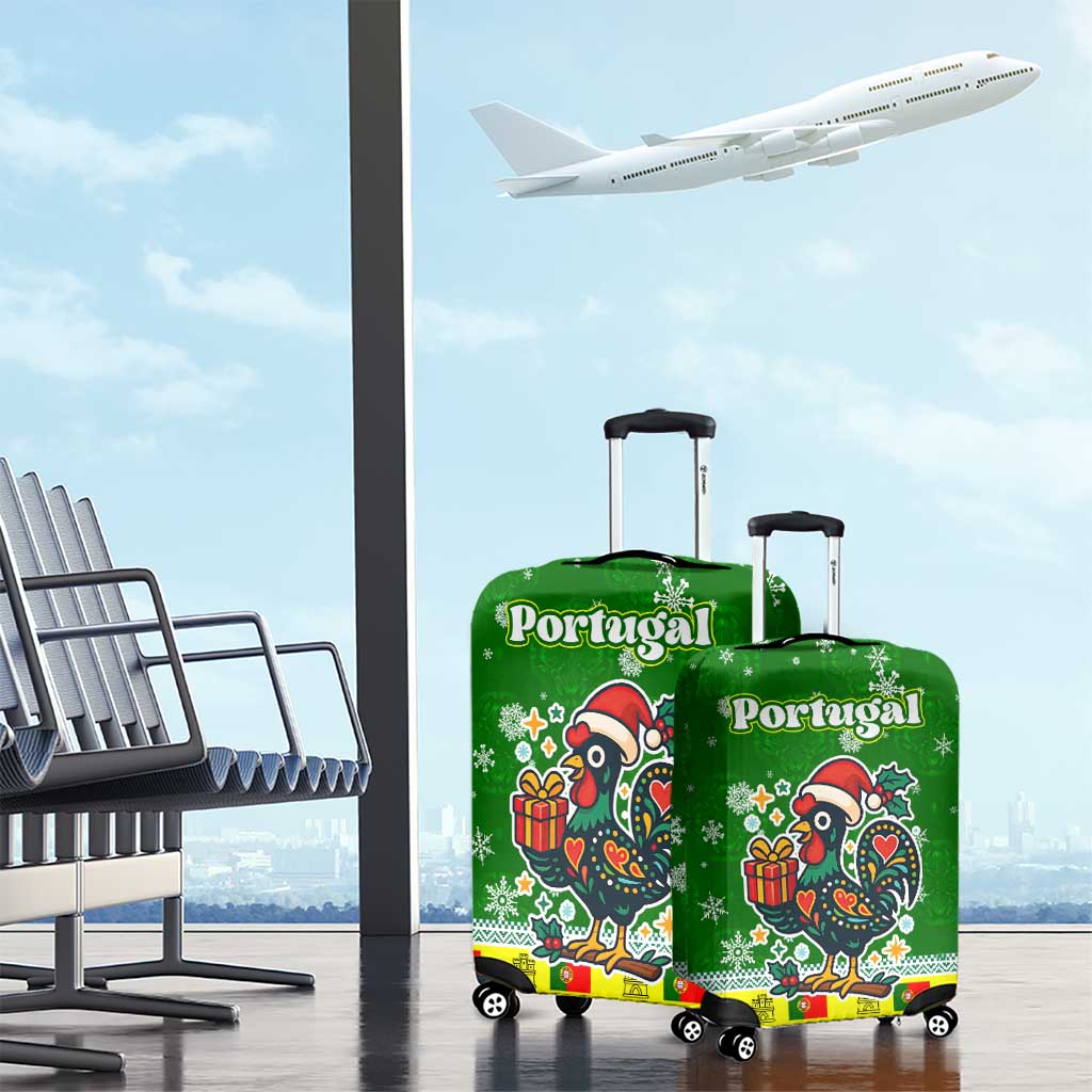 Portugal Christmas Luggage Cover with Green Galo de Barcelos Rooster Santa Hat and Gift - Wonder Print Shop