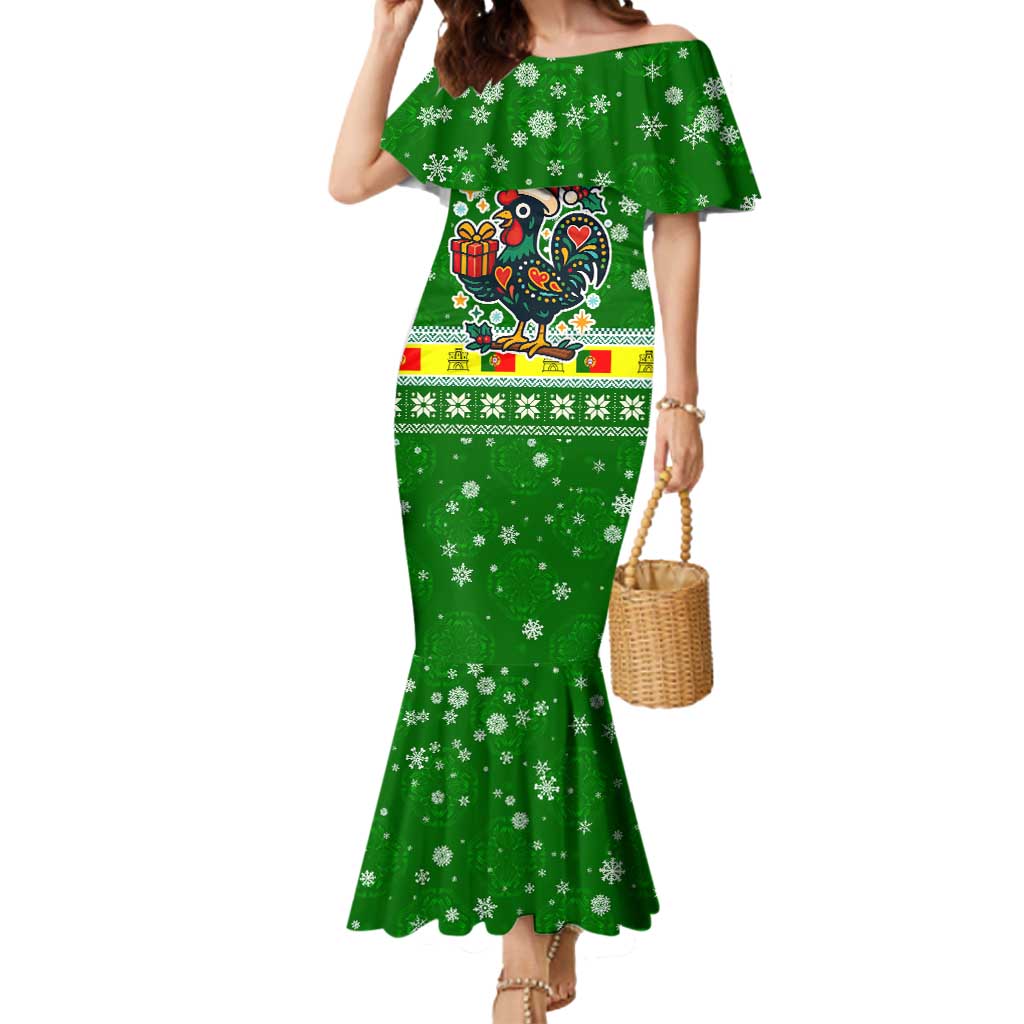 Portugal Christmas Mermaid Dress with Green Galo de Barcelos Rooster Santa Hat and Gift - Wonder Print Shop