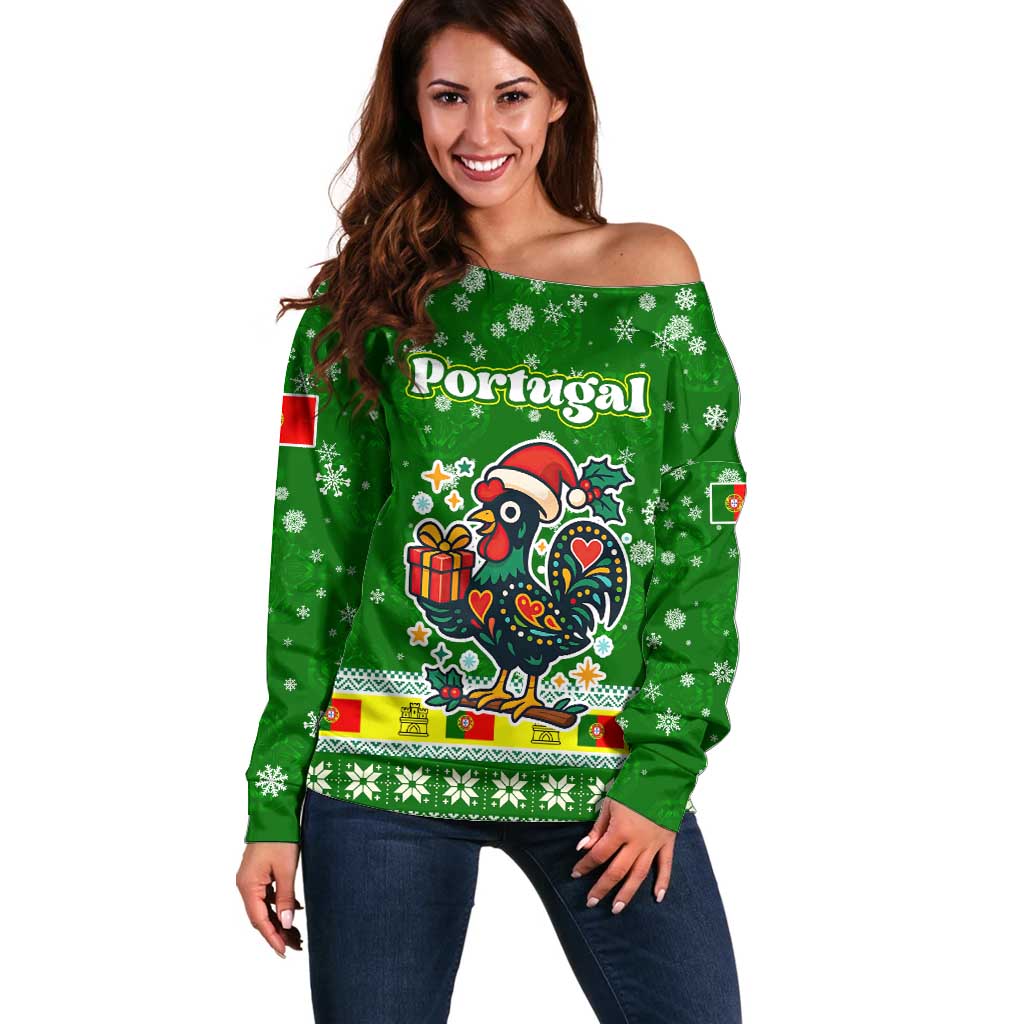 Portugal Christmas Off Shoulder Sweater with Green Galo de Barcelos Rooster Santa Hat and Gift - Wonder Print Shop