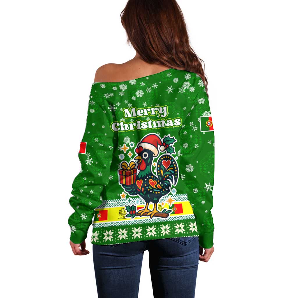Portugal Christmas Off Shoulder Sweater with Green Galo de Barcelos Rooster Santa Hat and Gift - Wonder Print Shop