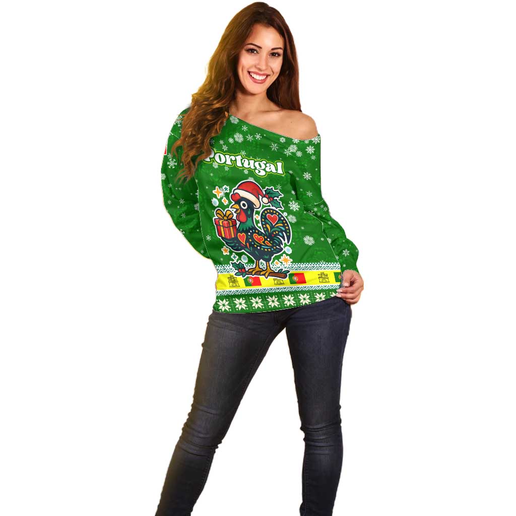 Portugal Christmas Off Shoulder Sweater with Green Galo de Barcelos Rooster Santa Hat and Gift - Wonder Print Shop