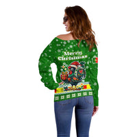 Portugal Christmas Off Shoulder Sweater with Green Galo de Barcelos Rooster Santa Hat and Gift - Wonder Print Shop