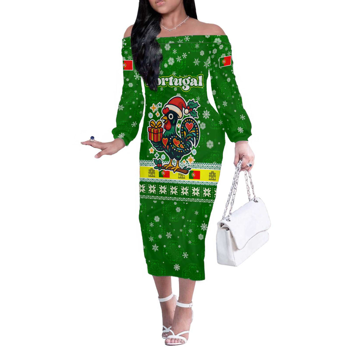 Portugal Christmas Off The Shoulder Long Sleeve Dress with Green Galo de Barcelos Rooster Santa Hat and Gift - Wonder Print Shop