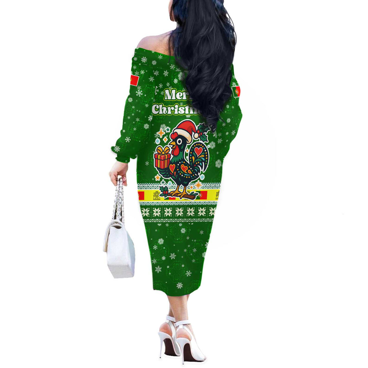 Portugal Christmas Off The Shoulder Long Sleeve Dress with Green Galo de Barcelos Rooster Santa Hat and Gift - Wonder Print Shop