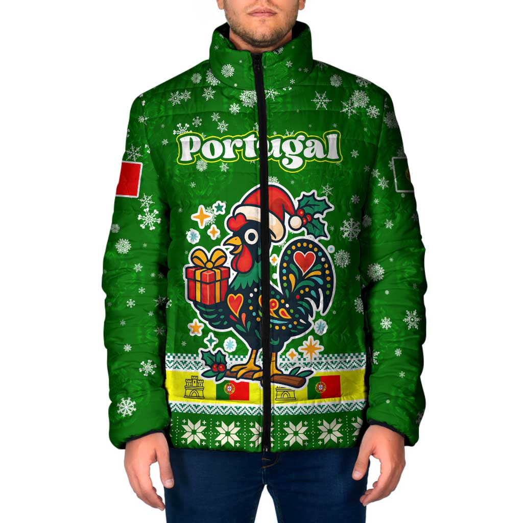Portugal Christmas Padded Jacket with Green Galo de Barcelos Rooster Santa Hat and Gift - Wonder Print Shop