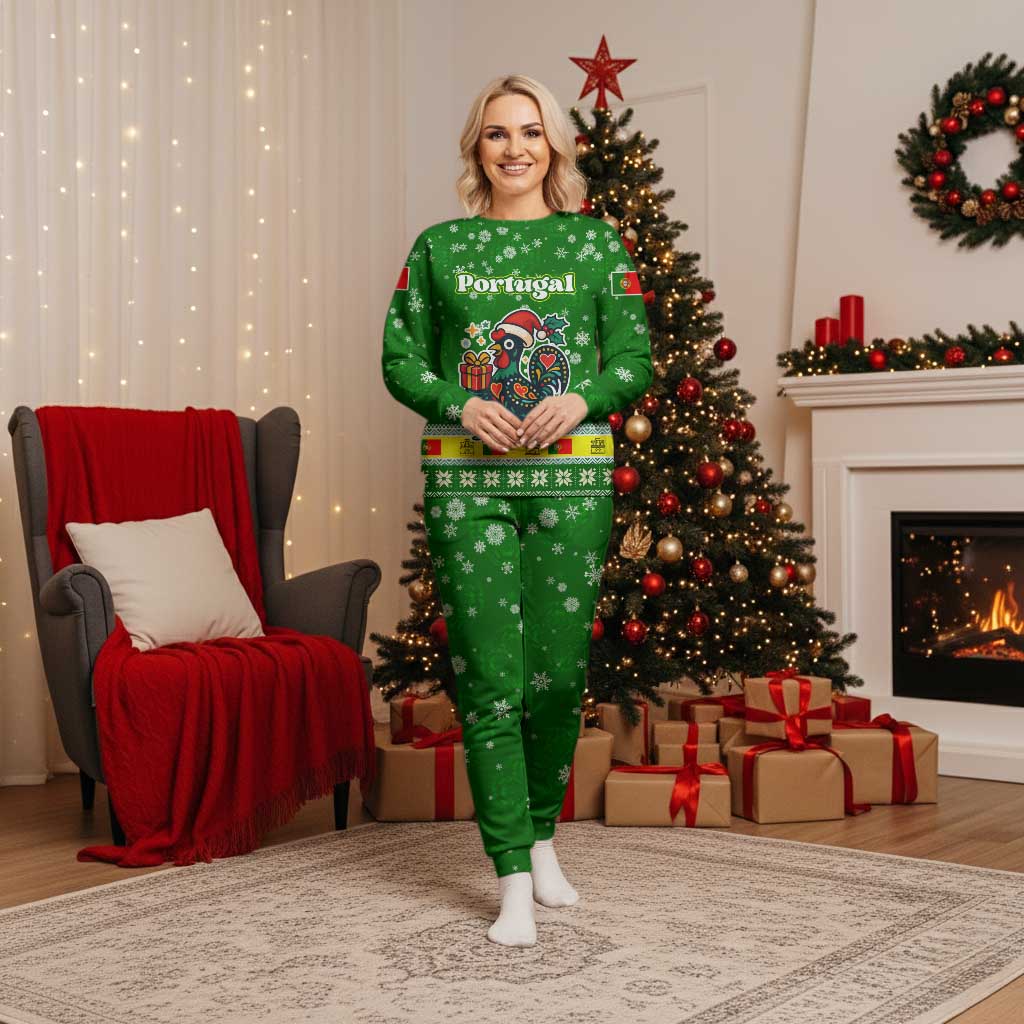 Portugal Christmas Pajama Set with Green Galo de Barcelos Rooster Santa Hat and Gift - Wonder Print Shop