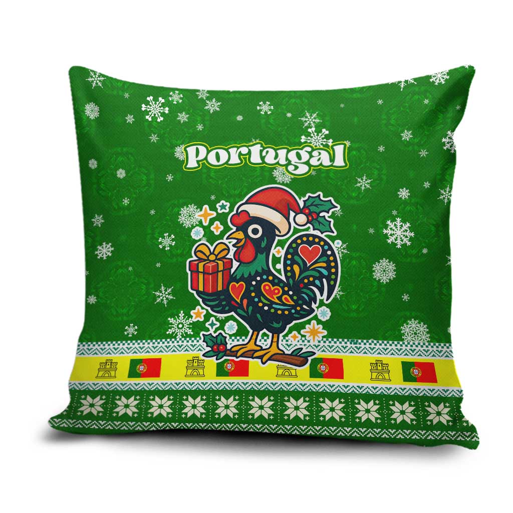 Portugal Christmas Pillow Cover with Green Galo de Barcelos Rooster Santa Hat and Gift - Wonder Print Shop