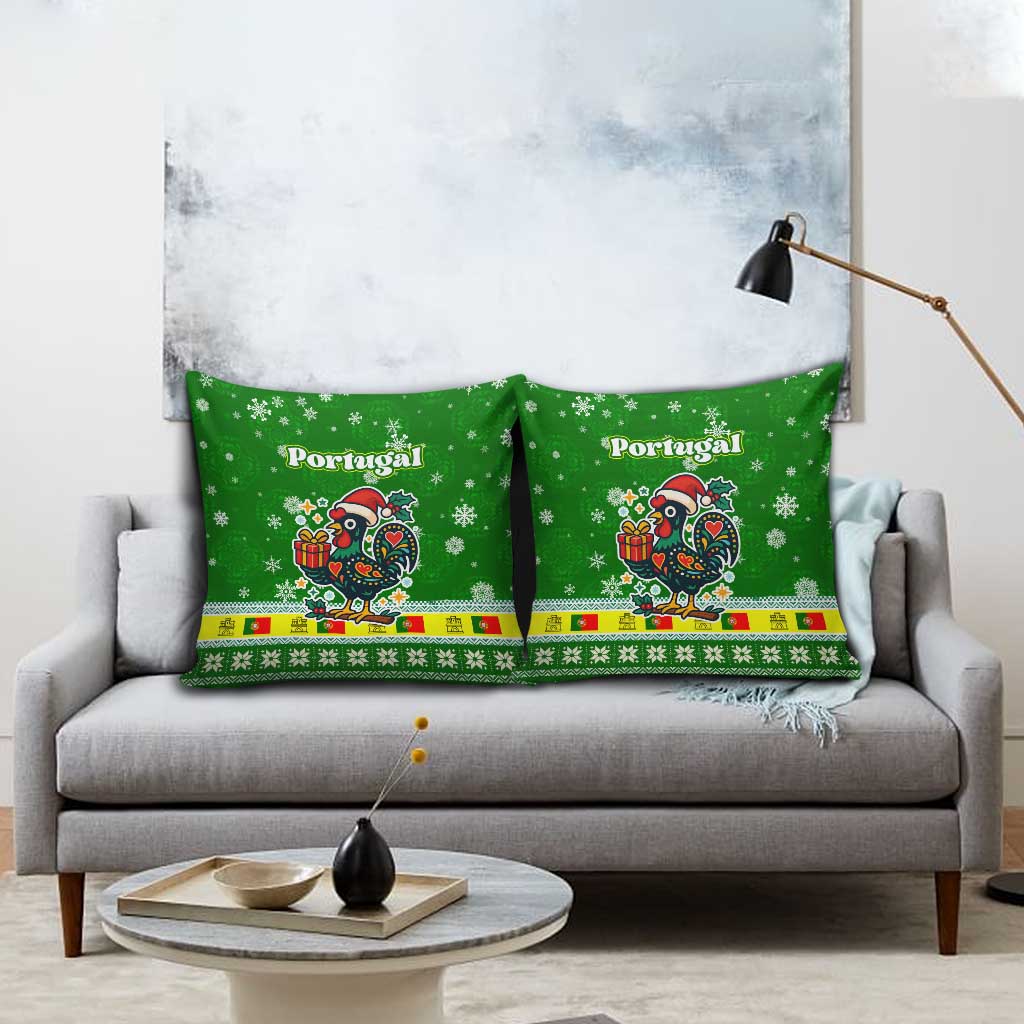 Portugal Christmas Pillow Cover with Green Galo de Barcelos Rooster Santa Hat and Gift - Wonder Print Shop