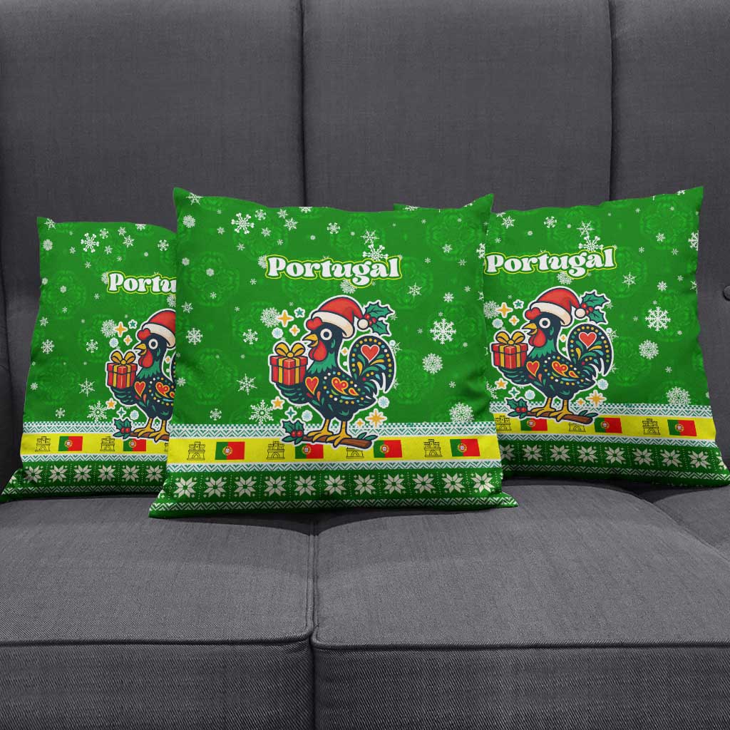 Portugal Christmas Pillow Cover with Green Galo de Barcelos Rooster Santa Hat and Gift - Wonder Print Shop