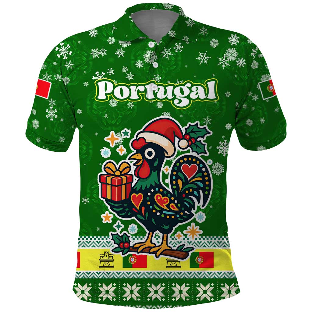 Portugal Christmas Polo Shirt with Green Galo de Barcelos Rooster Santa Hat and Gift - Wonder Print Shop