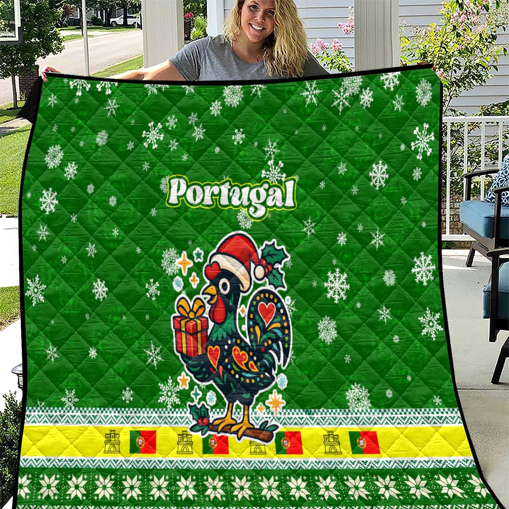 Portugal Christmas Quilt with Green Galo de Barcelos Rooster Santa Hat and Gift - Wonder Print Shop