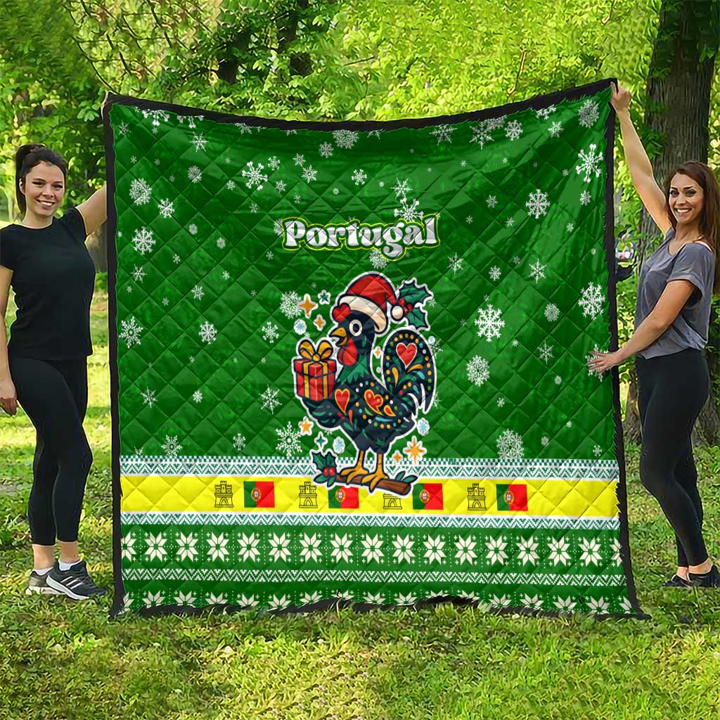 Portugal Christmas Quilt with Green Galo de Barcelos Rooster Santa Hat and Gift - Wonder Print Shop