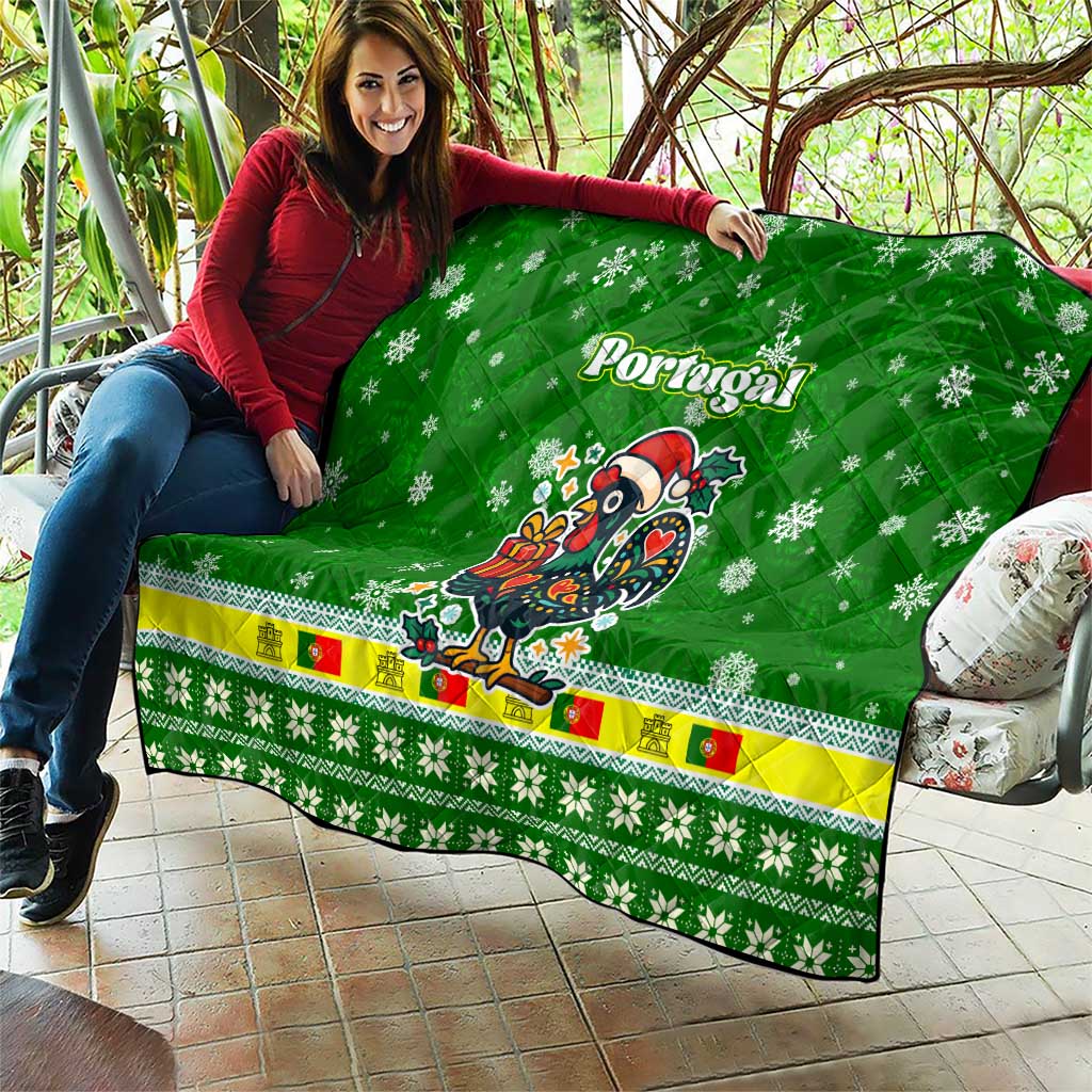 Portugal Christmas Quilt with Green Galo de Barcelos Rooster Santa Hat and Gift - Wonder Print Shop