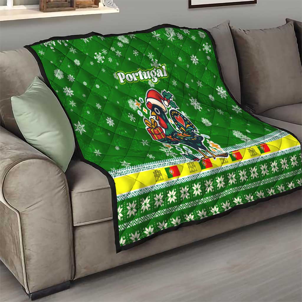 Portugal Christmas Quilt with Green Galo de Barcelos Rooster Santa Hat and Gift - Wonder Print Shop