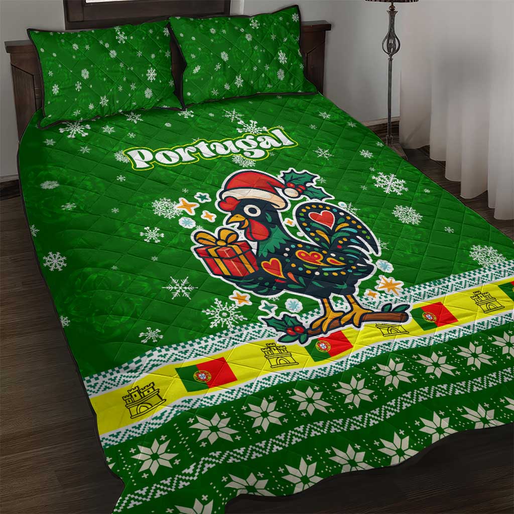 Portugal Christmas Quilt Bed Set with Green Galo de Barcelos Rooster Santa Hat and Gift - Wonder Print Shop