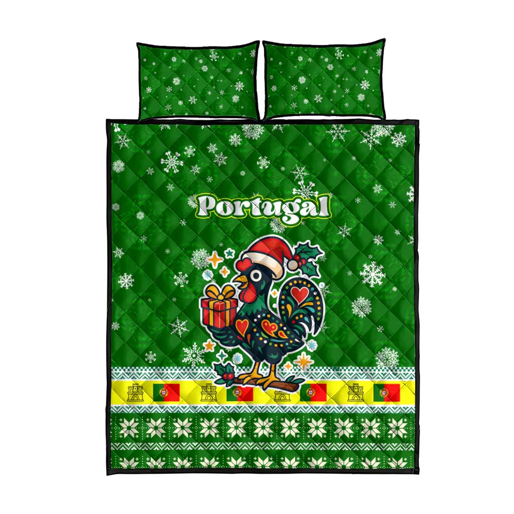 Portugal Christmas Quilt Bed Set with Green Galo de Barcelos Rooster Santa Hat and Gift - Wonder Print Shop