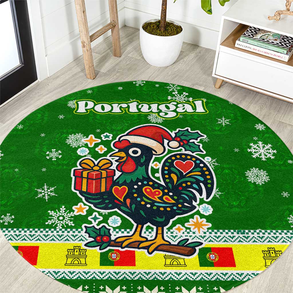 Portugal Christmas Round Carpet with Green Galo de Barcelos Rooster Santa Hat and Gift - Wonder Print Shop