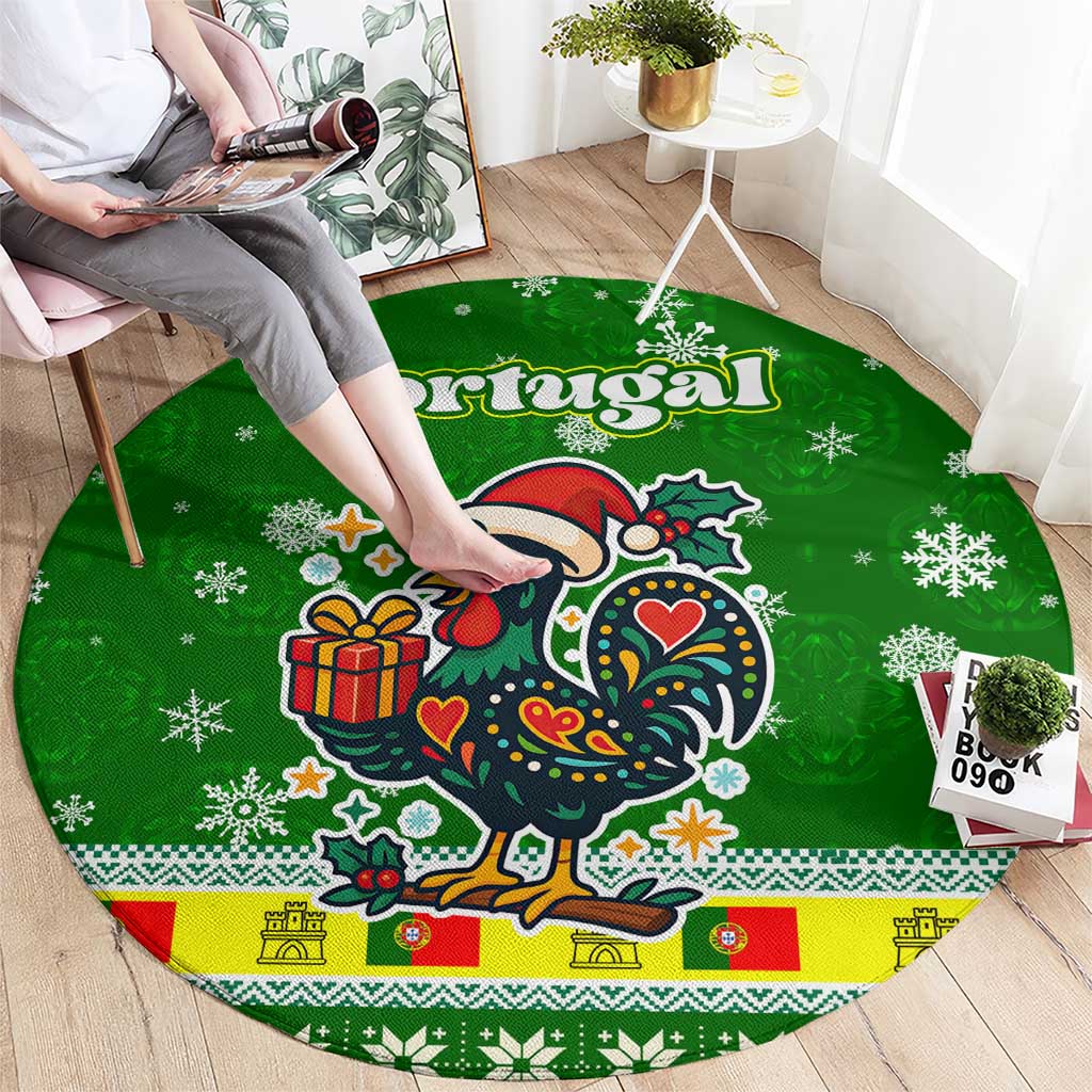 Portugal Christmas Round Carpet with Green Galo de Barcelos Rooster Santa Hat and Gift - Wonder Print Shop