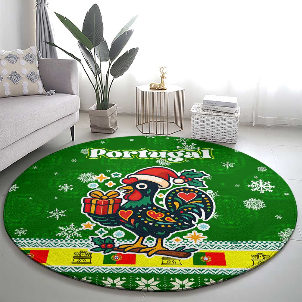 Portugal Christmas Round Carpet with Green Galo de Barcelos Rooster Santa Hat and Gift - Wonder Print Shop