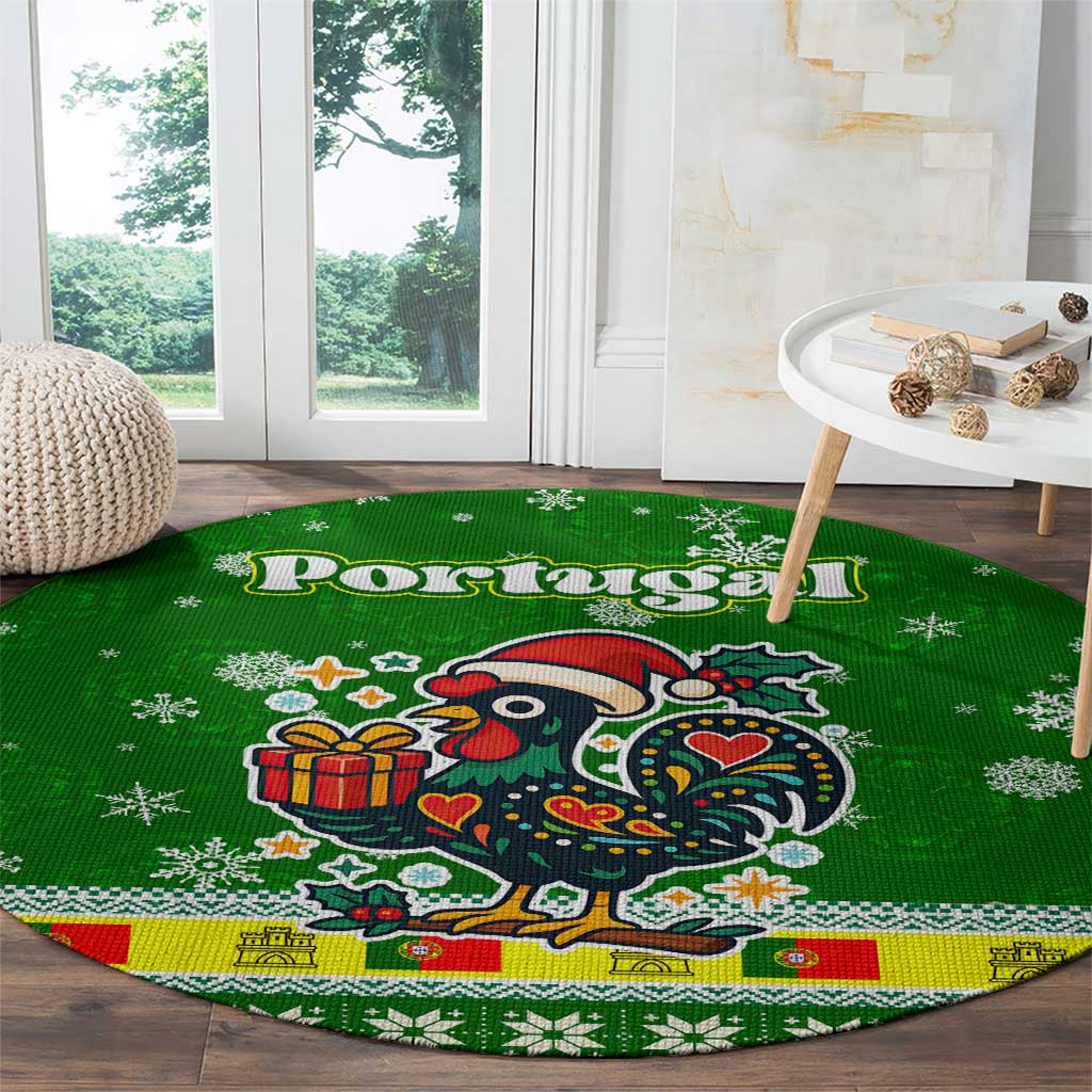 Portugal Christmas Round Carpet with Green Galo de Barcelos Rooster Santa Hat and Gift - Wonder Print Shop