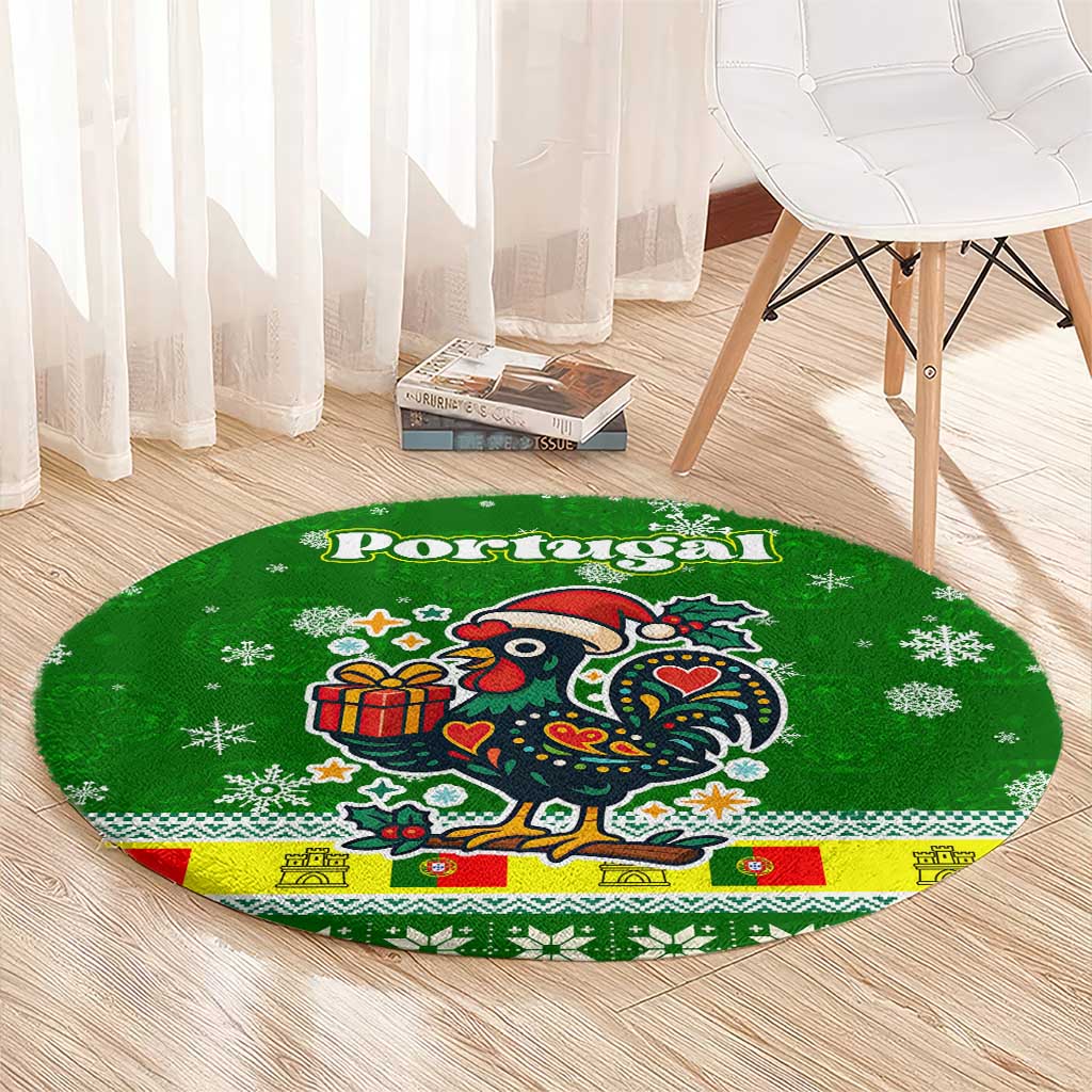 Portugal Christmas Round Carpet with Green Galo de Barcelos Rooster Santa Hat and Gift - Wonder Print Shop
