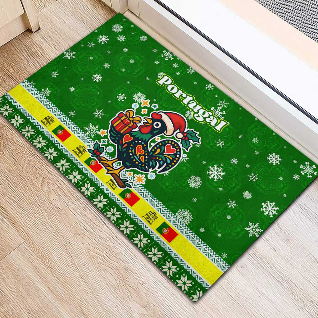 Portugal Christmas Rubber Doormat with Green Galo de Barcelos Rooster Santa Hat and Gift - Wonder Print Shop