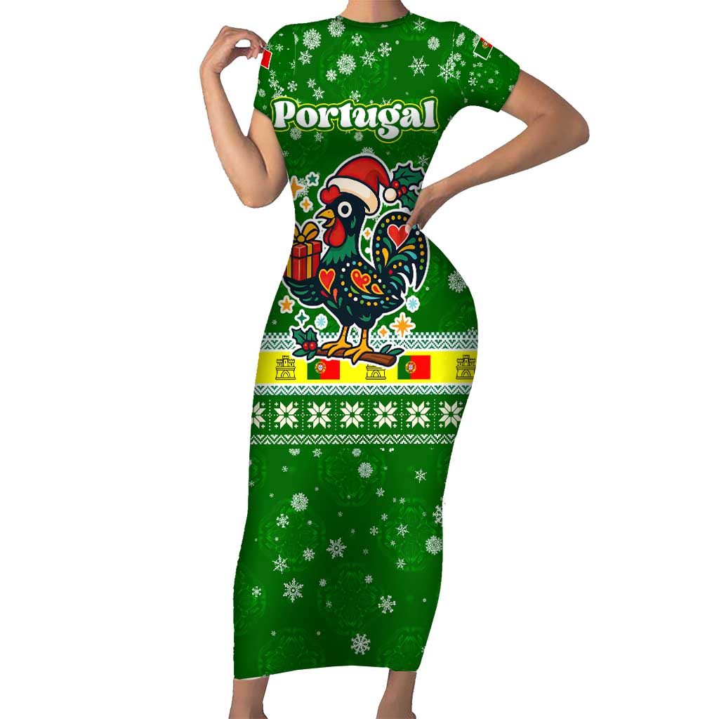 Portugal Christmas Short Sleeve Bodycon Dress with Green Galo de Barcelos Rooster Santa Hat and Gift - Wonder Print Shop