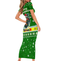 Portugal Christmas Short Sleeve Bodycon Dress with Green Galo de Barcelos Rooster Santa Hat and Gift - Wonder Print Shop