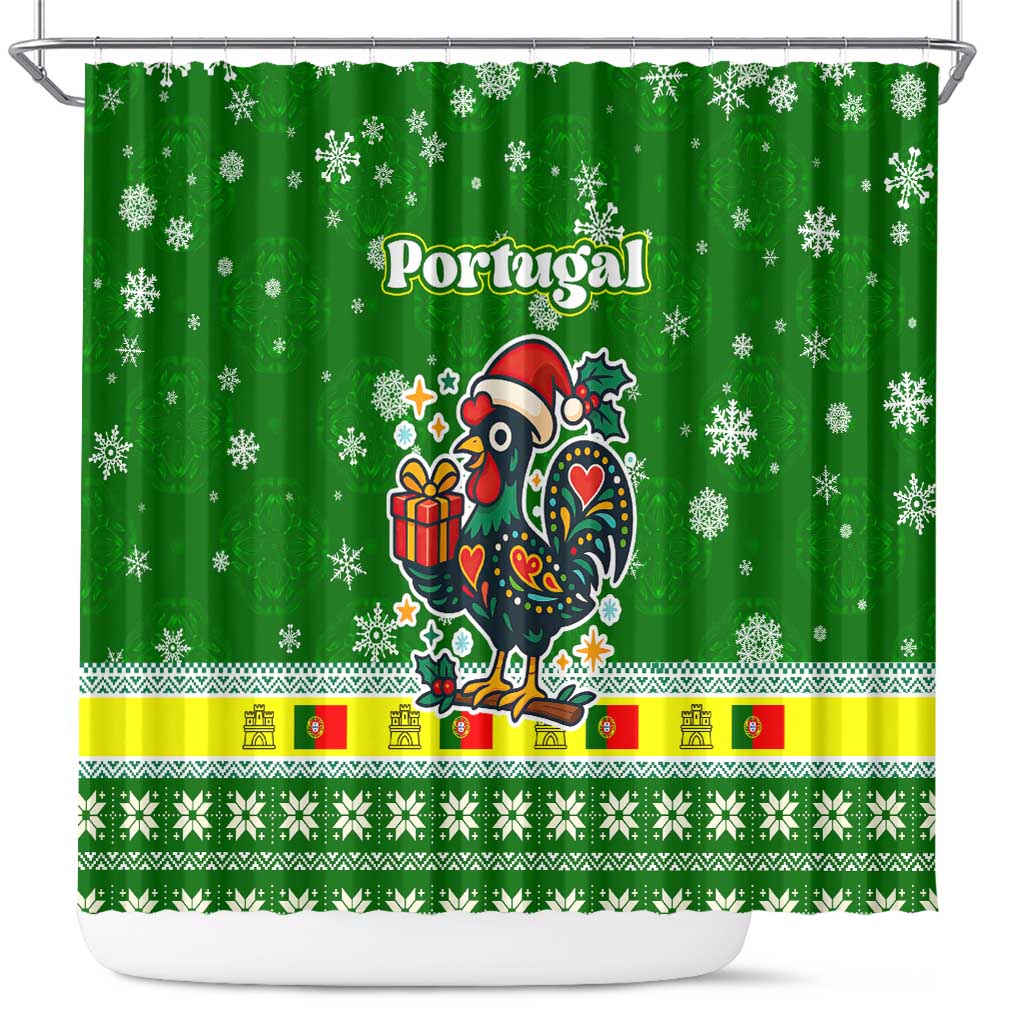 Portugal Christmas Shower Curtain with Green Galo de Barcelos Rooster Santa Hat and Gift - Wonder Print Shop