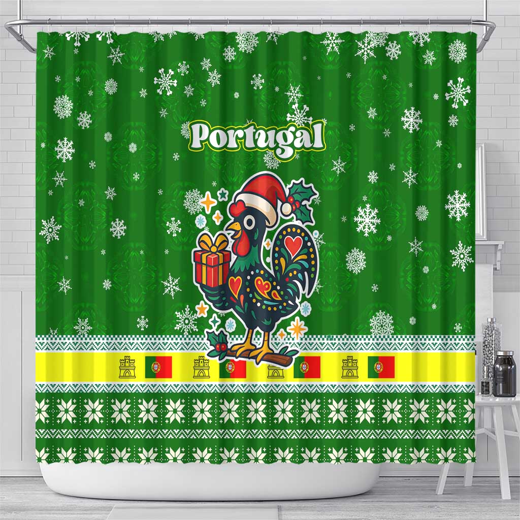 Portugal Christmas Shower Curtain with Green Galo de Barcelos Rooster Santa Hat and Gift - Wonder Print Shop