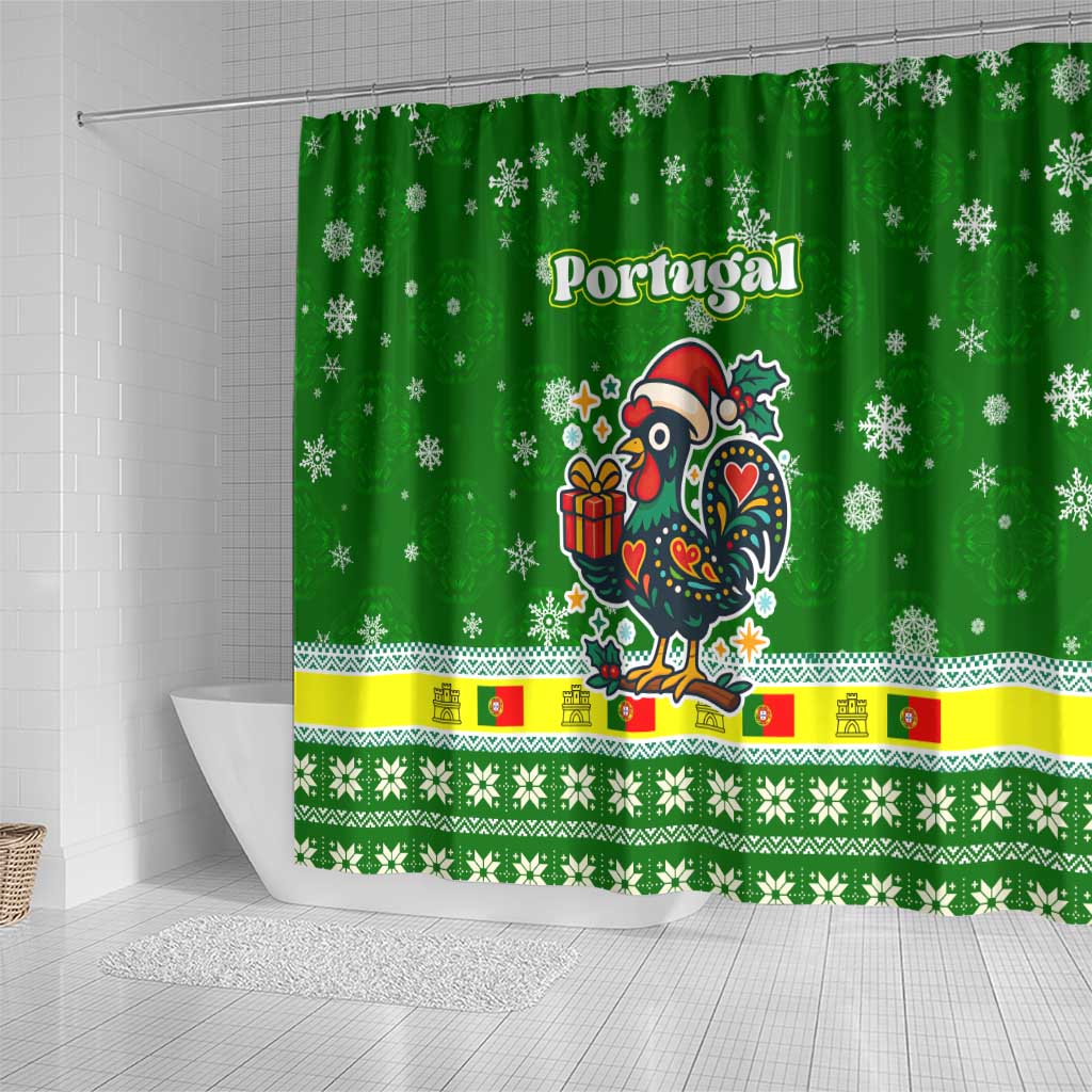 Portugal Christmas Shower Curtain with Green Galo de Barcelos Rooster Santa Hat and Gift - Wonder Print Shop