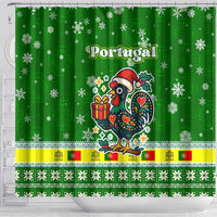 Portugal Christmas Shower Curtain with Green Galo de Barcelos Rooster Santa Hat and Gift - Wonder Print Shop