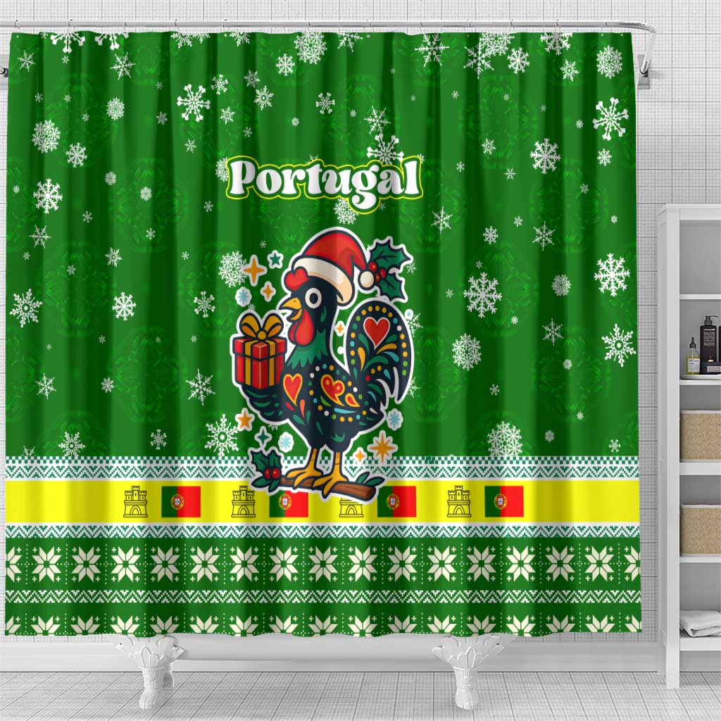 Portugal Christmas Shower Curtain with Green Galo de Barcelos Rooster Santa Hat and Gift - Wonder Print Shop