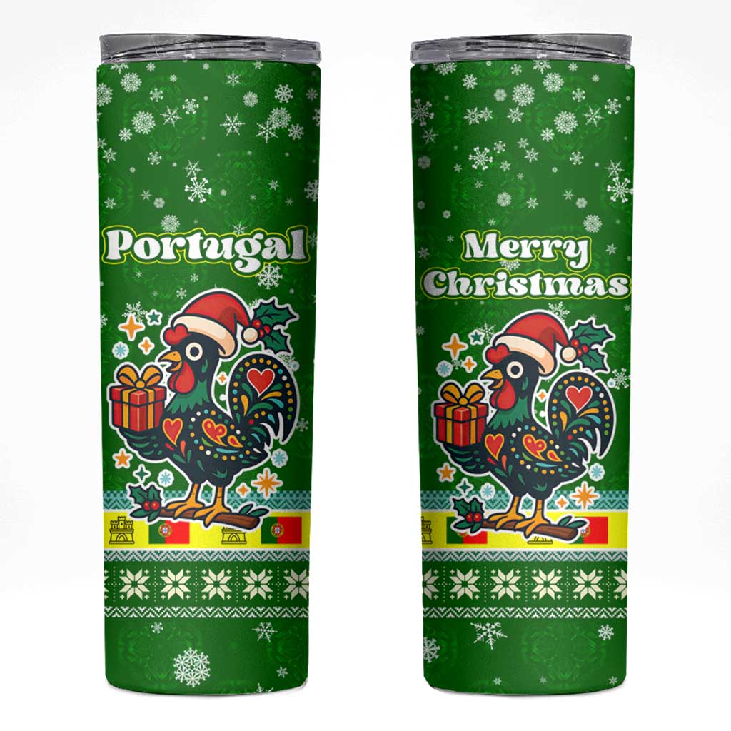 Portugal Christmas Skinny Tumbler with Green Galo de Barcelos Rooster Santa Hat and Gift - Wonder Print Shop
