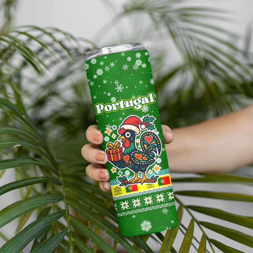 Portugal Christmas Skinny Tumbler with Green Galo de Barcelos Rooster Santa Hat and Gift - Wonder Print Shop